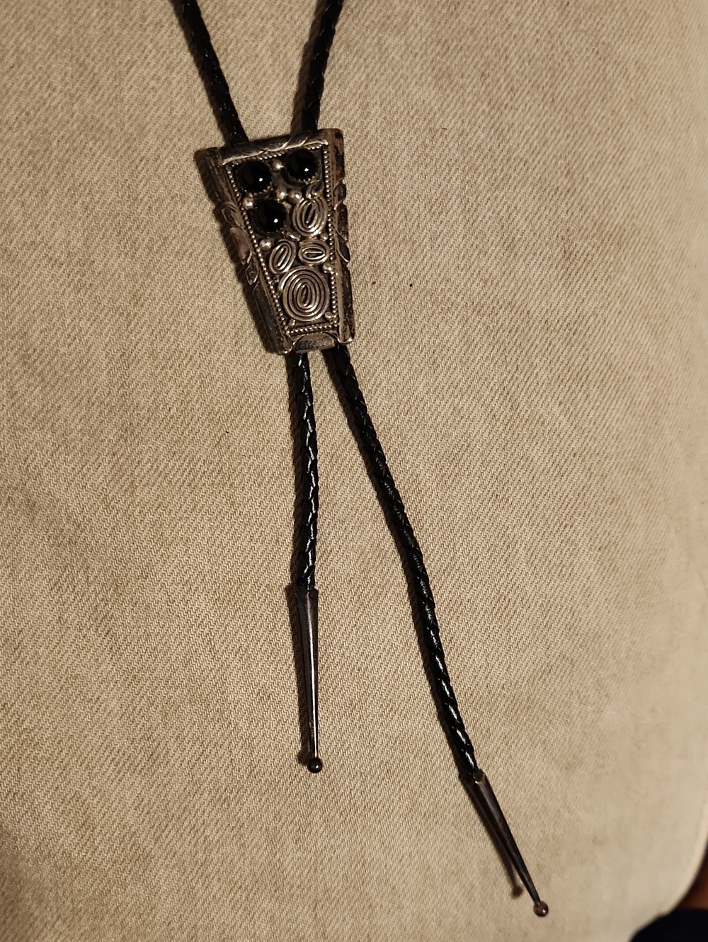 Black Western Bolo Tie with Decorative Silver-Tone Slide